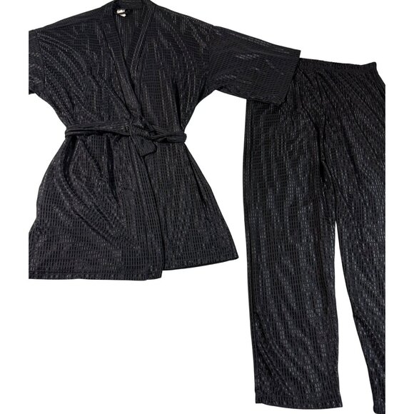 Vintage 90s Frederick’s of Hollywood Black Shimmer Lounge Set Robe Pants USA OS - Picture 1 of 12